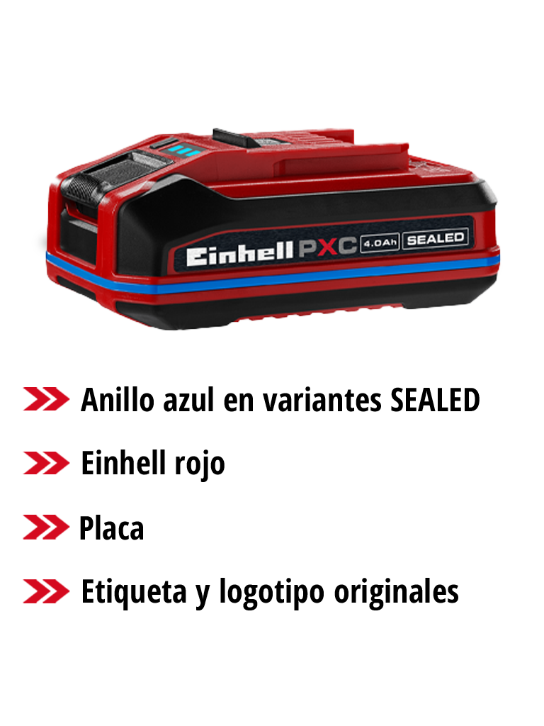 Einhell Power X-Change SEALEAD battery with blue ring, type label and original branding in an overview graphic