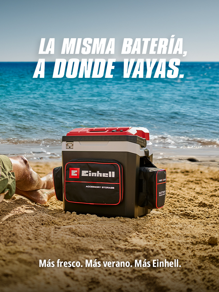 Imagen de una hielera en la playa con el texto  "LA MISMA BATERÍA; A DONDE VAYAS. Más fresco. Más verano. Más Einhell."