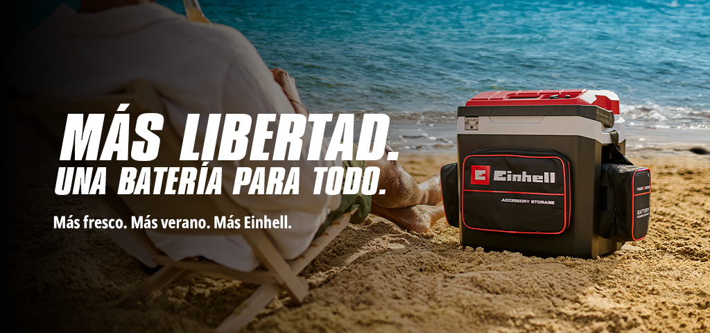 Imagen de una hielera en la playa con el texto  "LA MISMA BATERÍA; A DONDE VAYAS. Más fresco. Más verano. Más Einhell."