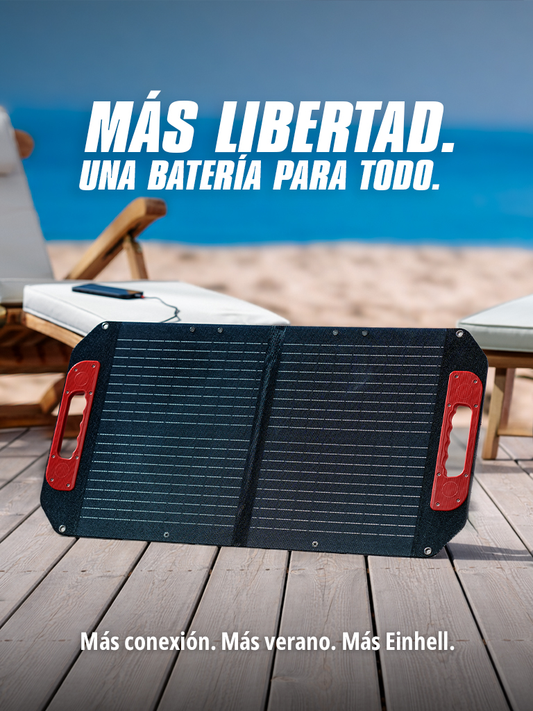 Image of a solar panel with the text "LA MISMA BATERÍA. A DONDE VAYAS. Más conexión. Más verano. Más Einhell."