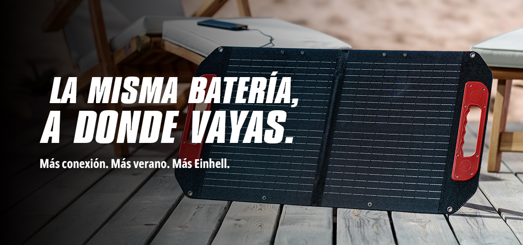 Image of a solar panel with the text "LA MISMA BATERÍA. A DONDE VAYAS. Más conexión. Más verano. Más Einhell."
