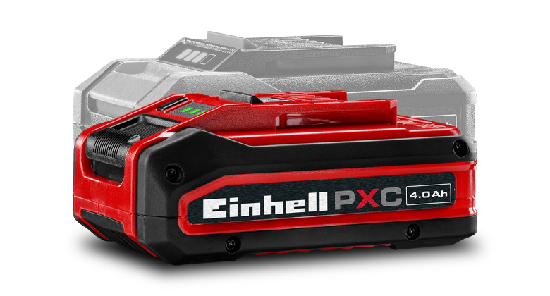 Einhell Power X-Change battery with 4.0 Ah capacity shown in color in the foreground, with a greyed-out battery in the background.