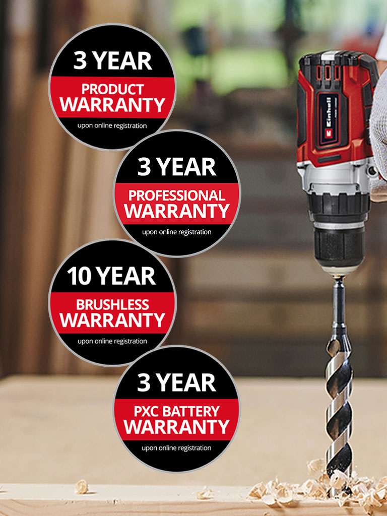 "Here you can see a men in a workshop with an Einhell drill in use. In addition, the icons for the different types of warranty extension have been placed on the picture. The following warranty extensions are possible: ‘Product warranty’, ‘Professional warranty’, ‘Brushless warranty’ and ‘Battery warranty’
