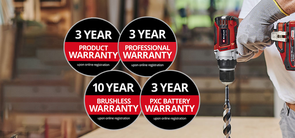 "Here you can see a men in a workshop with an Einhell drill in use. In addition, the icons for the different types of warranty extension have been placed on the picture. The following warranty extensions are possible: ‘Product warranty’, ‘Professional warranty’, ‘Brushless warranty’ and ‘Battery warranty’